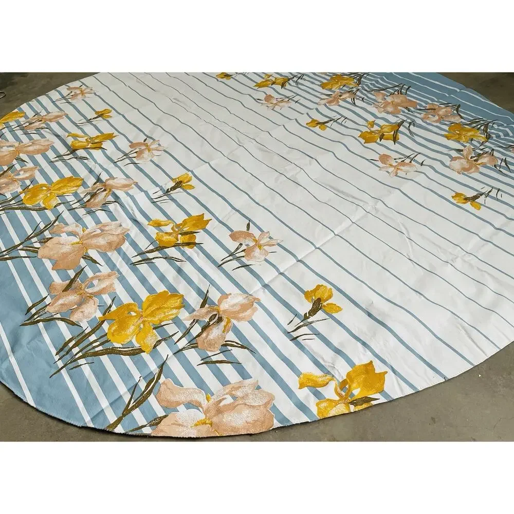 Vinyl Flannel Back Tablecloth Round IRIS FLOWER Yellow Pink Blue Stripes Vintage
